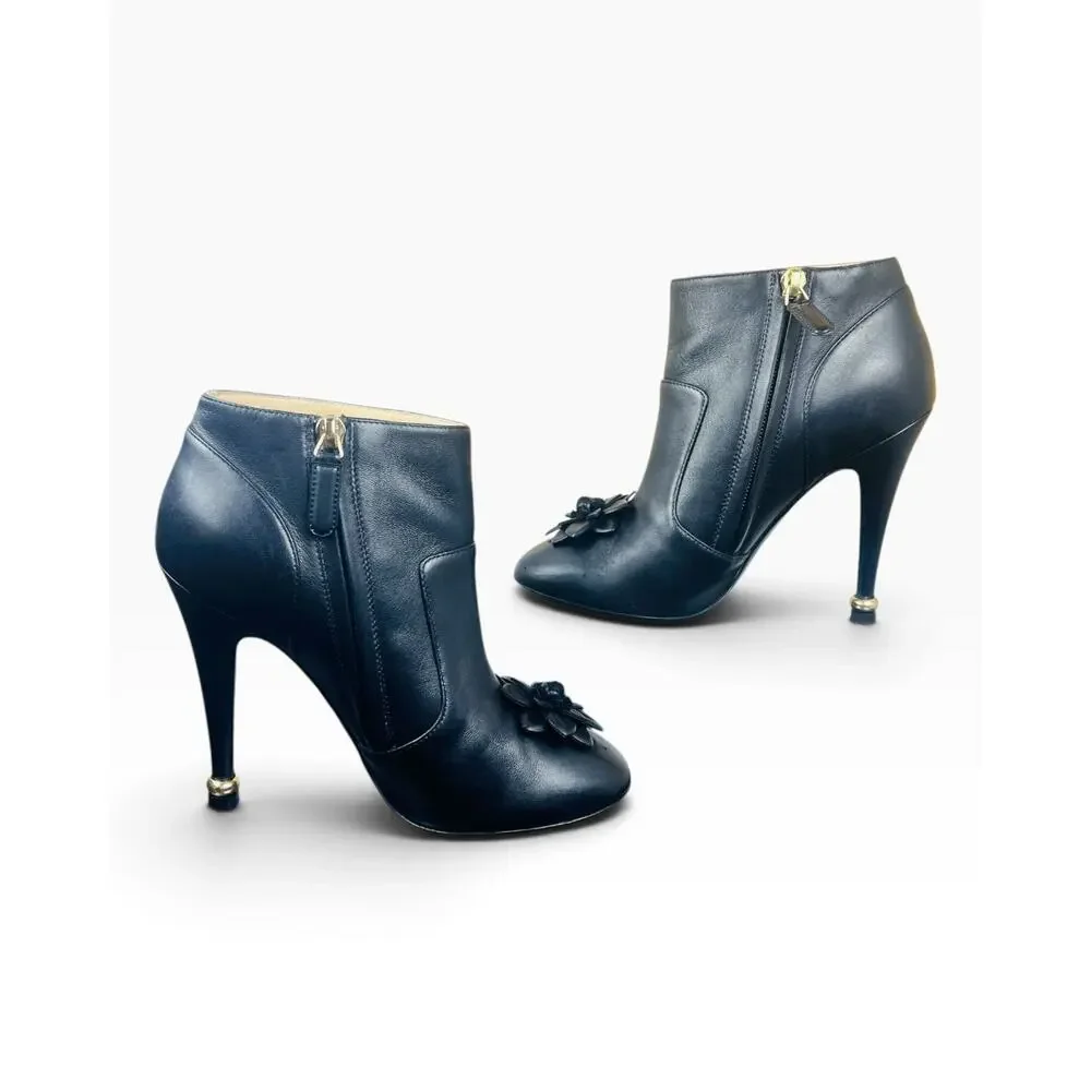 Chanel 15A Camellia Black Lambskin Leather CC Ankle Boots 35.5 Karl Lagerfeld